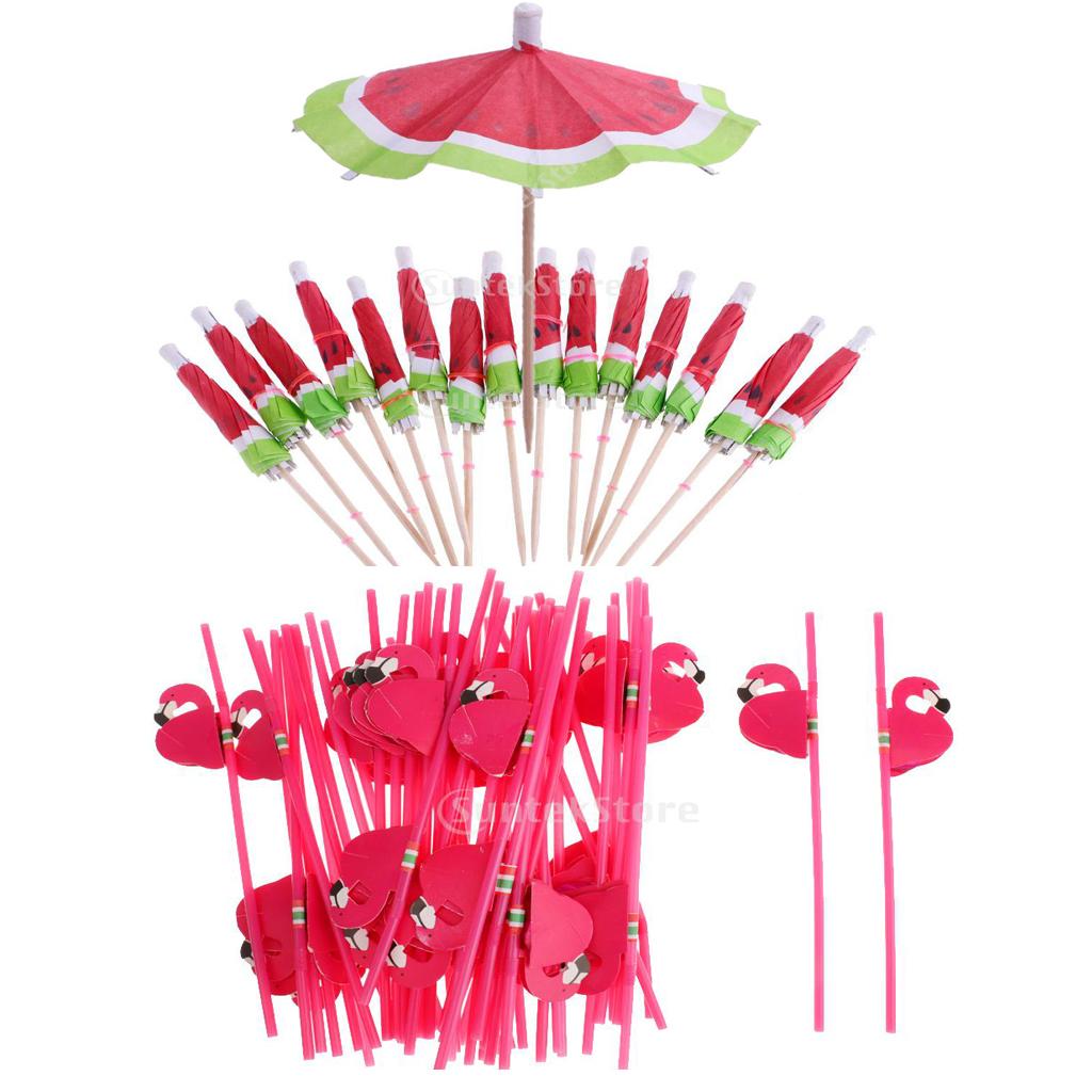 140pcs Hawaiian Luau Watermelon Umbrella Cocktail Picks 25pcs Flamingo Straw