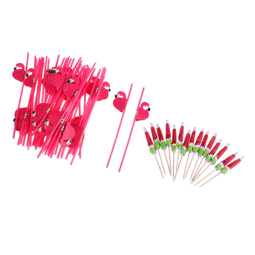 140pcs Hawaiian Luau Watermelon Umbrella Cocktail Picks 25pcs Flamingo Straw