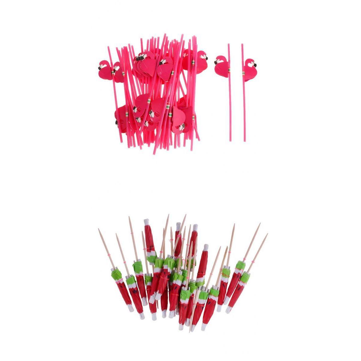 140pcs Hawaiian Luau Watermelon Umbrella Cocktail Picks 25pcs Flamingo Straw