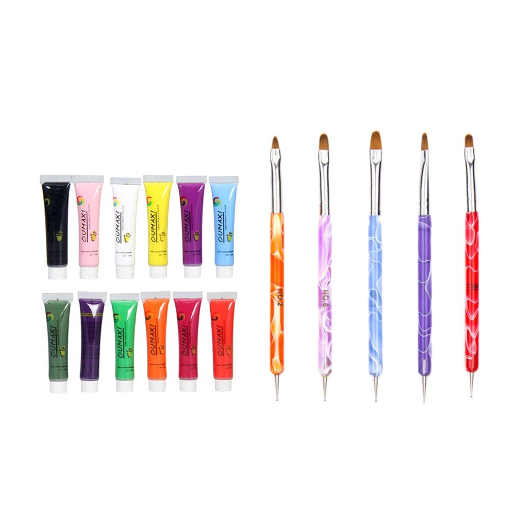 12x Nail Art Paint Pigment Tube+5x 2-Way Nail Art Painting Dotting Pen Brush