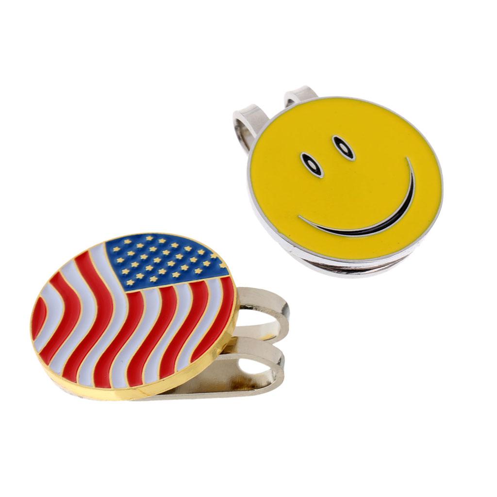 Alloy Magnetic Hat Clip with Removable Golf Ball Marker USA Flag+Smile Face