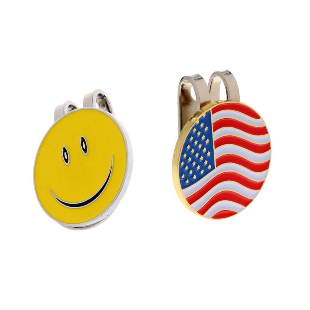 Alloy Magnetic Hat Clip with Removable Golf Ball Marker USA Flag+Smile Face