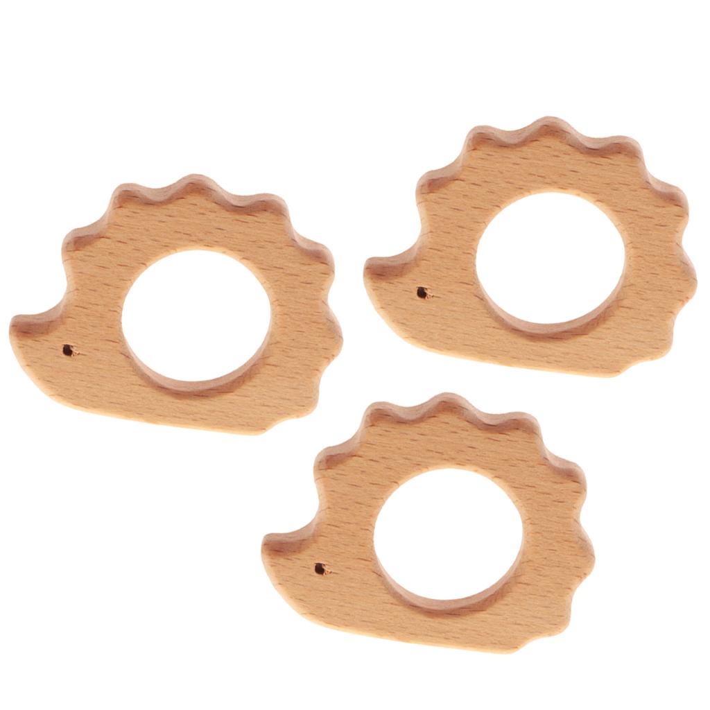 3 Pieces Natural Wood Hedgehog Shape Baby Teether Teething Ring Shower Gift