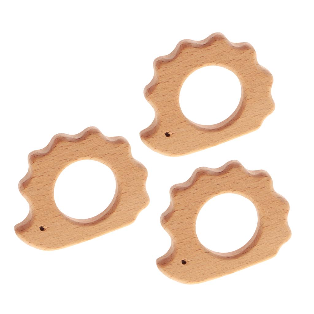 3 Pieces Natural Wood Hedgehog Shape Baby Teether Teething Ring Shower Gift