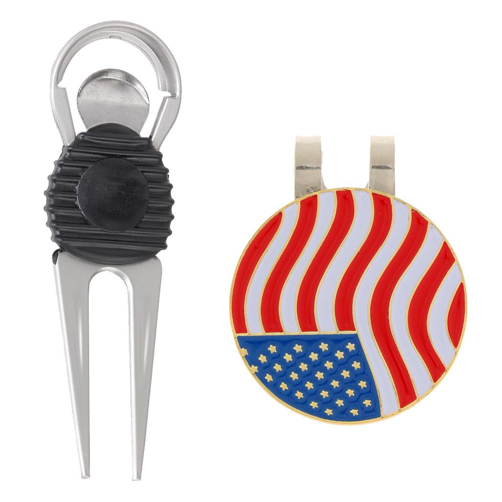 Alloy Golf Repair Divot Tool + USA Flag Golf Ball Marker Magnetic Hat Clip