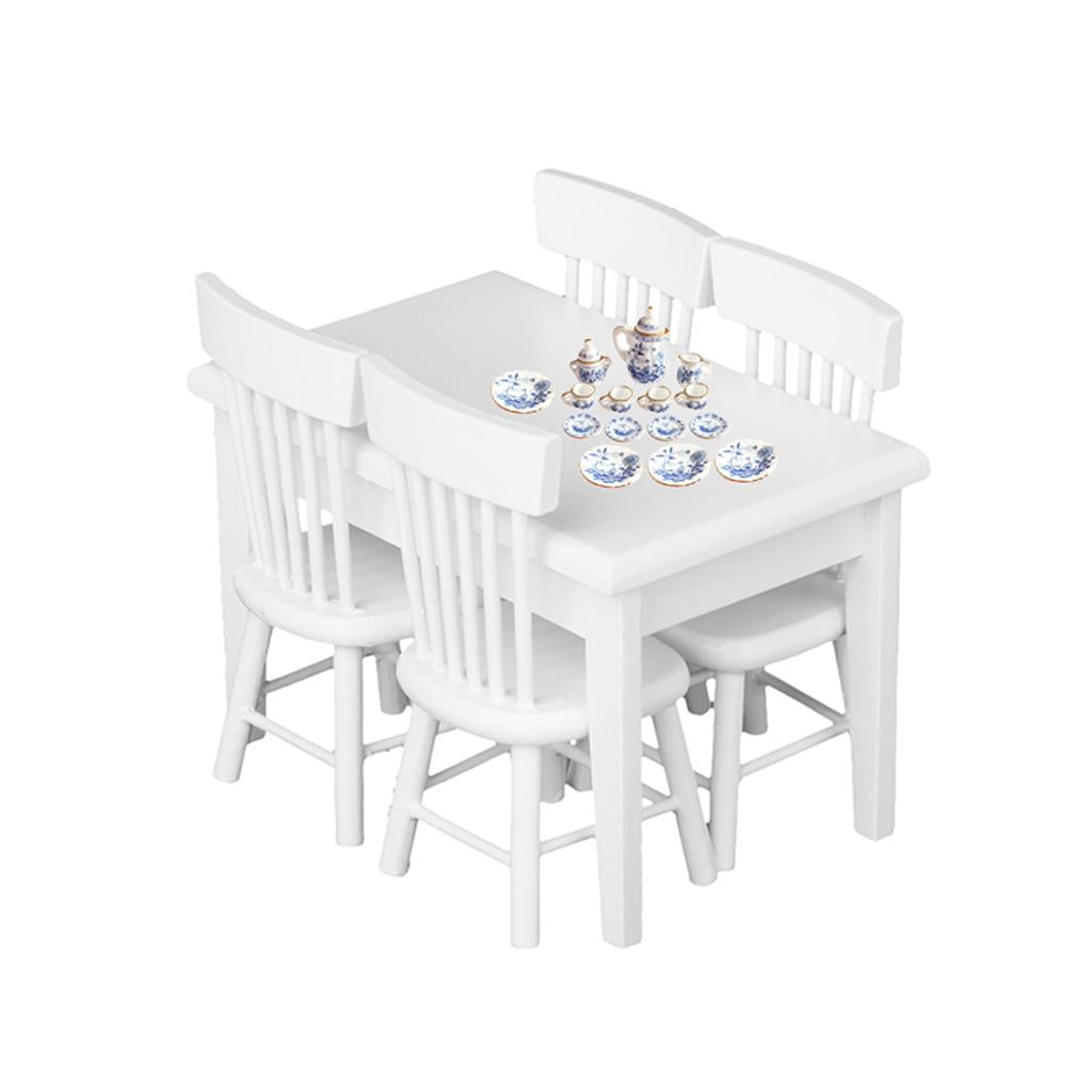 1/12 Dollhouse Miniature Wooden Table Chair Porcelain Tea Set Dining Room