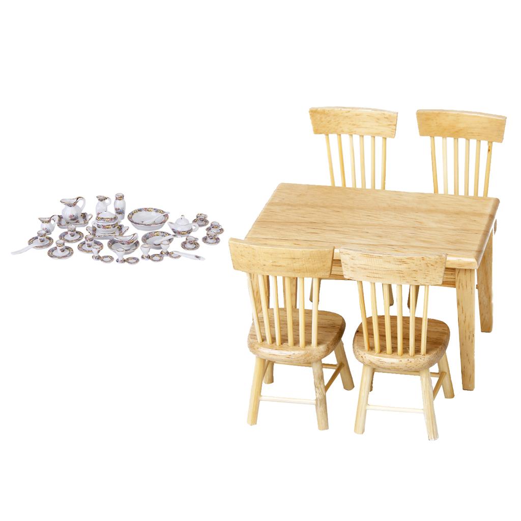 1/12 Dolls House Miniature Wooden Table Chair Porcelain Tea Set Dining Room