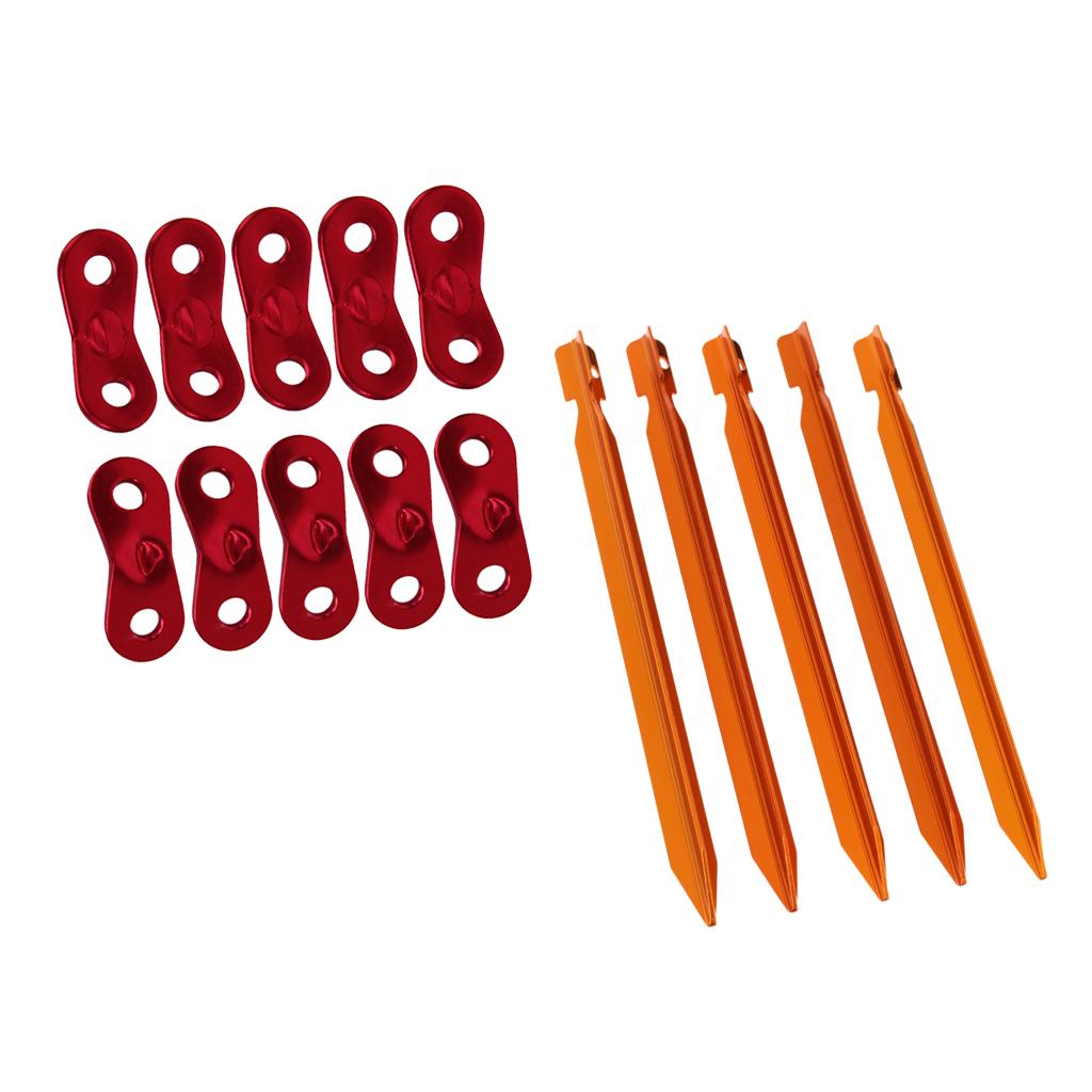 5 Pieces Orange Camping Aluminum Tent Stakes + 10 Pieces Guyline Runners