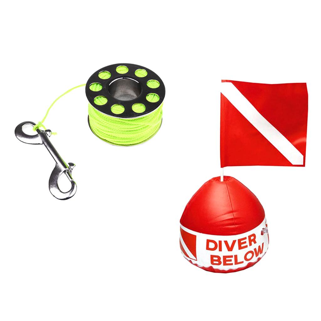 31m Scuba Spool Finger Reel with Bolt Snap+ Diving Flag with Inflatable Buoy