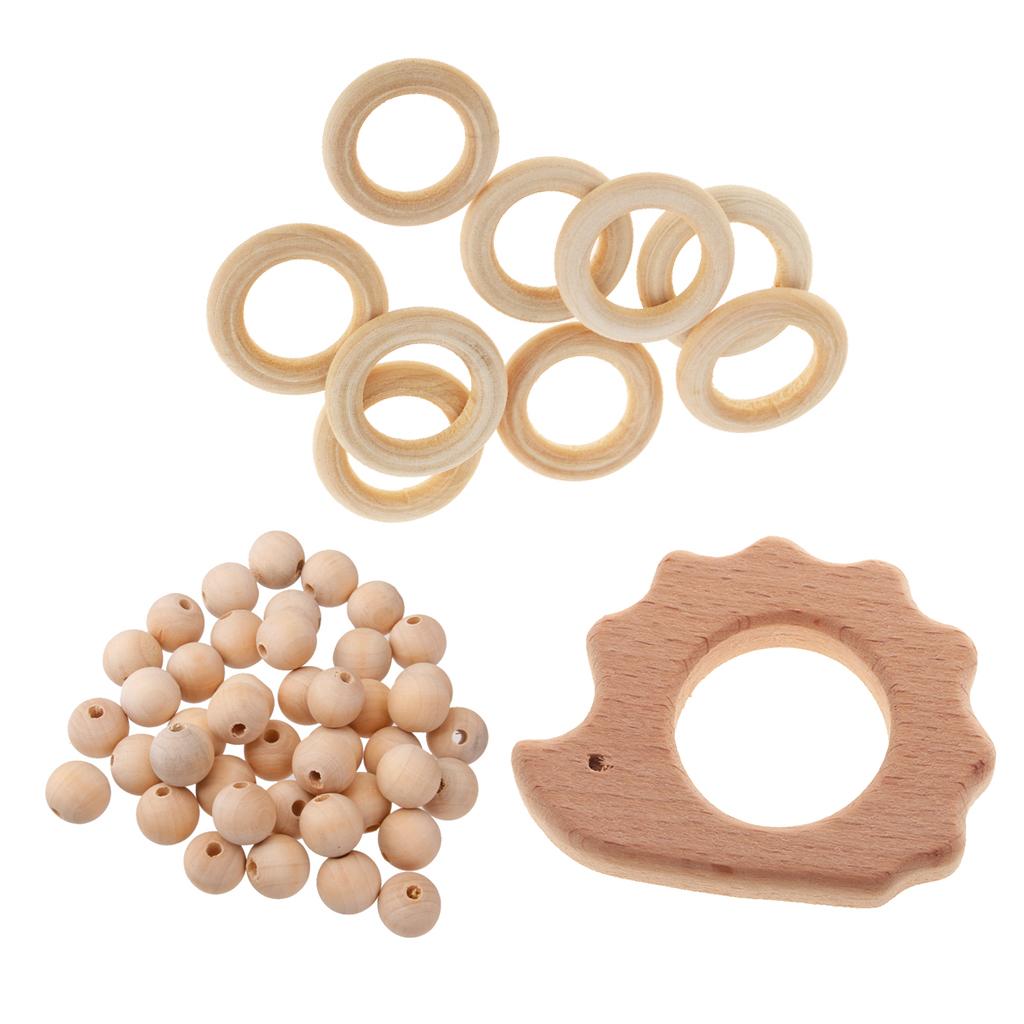61 Pieces Hedgehog Shape Wood Teether Teething Rings DIY Craft Wooden Beads