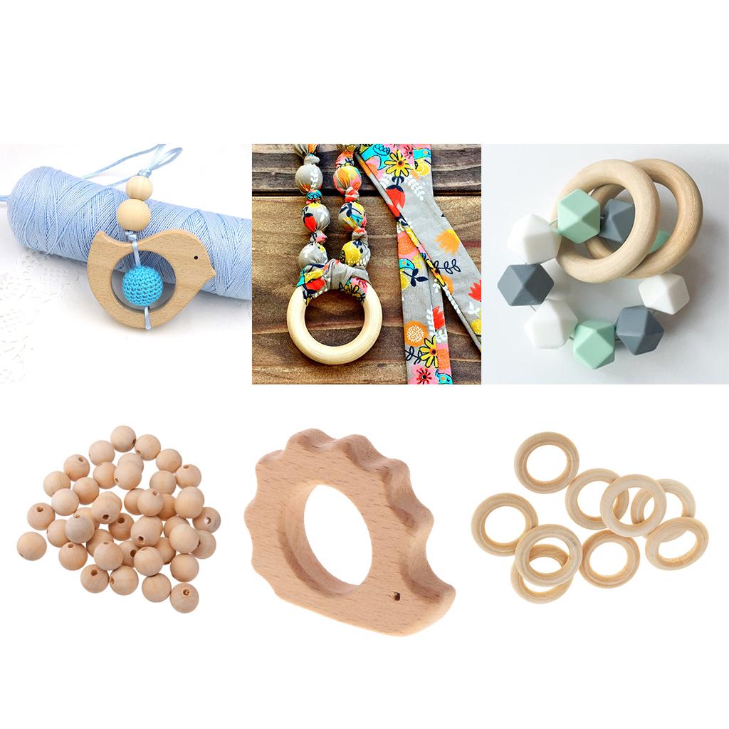 61 Pieces Hedgehog Shape Wood Teether Teething Rings DIY Craft Wooden Beads