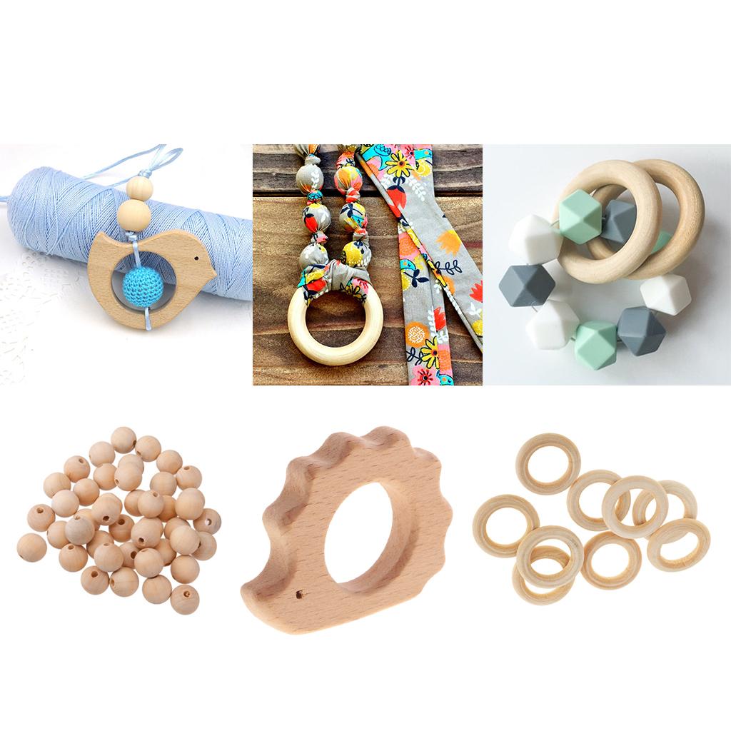 61 Pieces Hedgehog Shape Wood Teether Teething Rings DIY Craft Wooden Beads