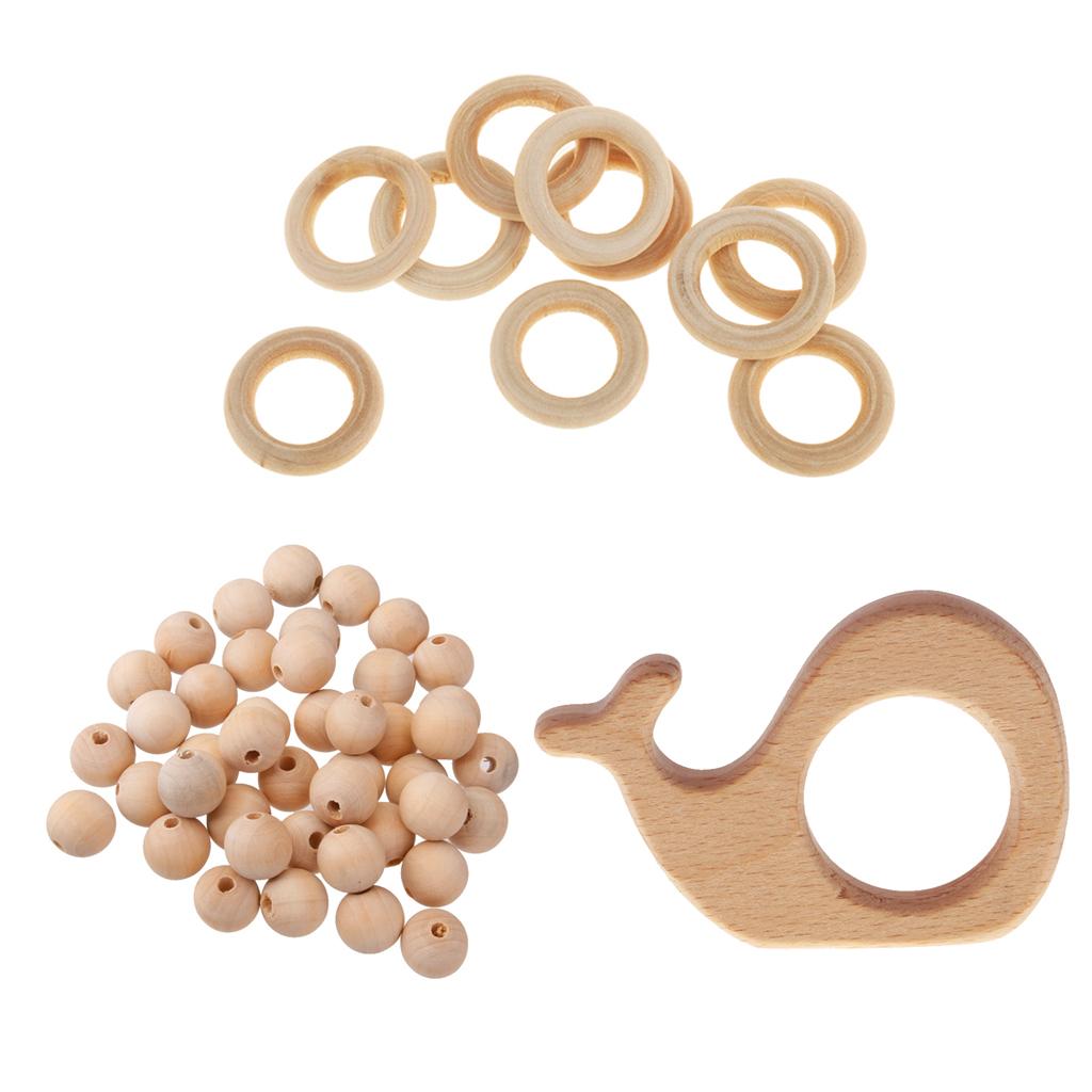 61pcs Unifinished Natural Wooden Whale Baby Teether Round Teething Ring Bead