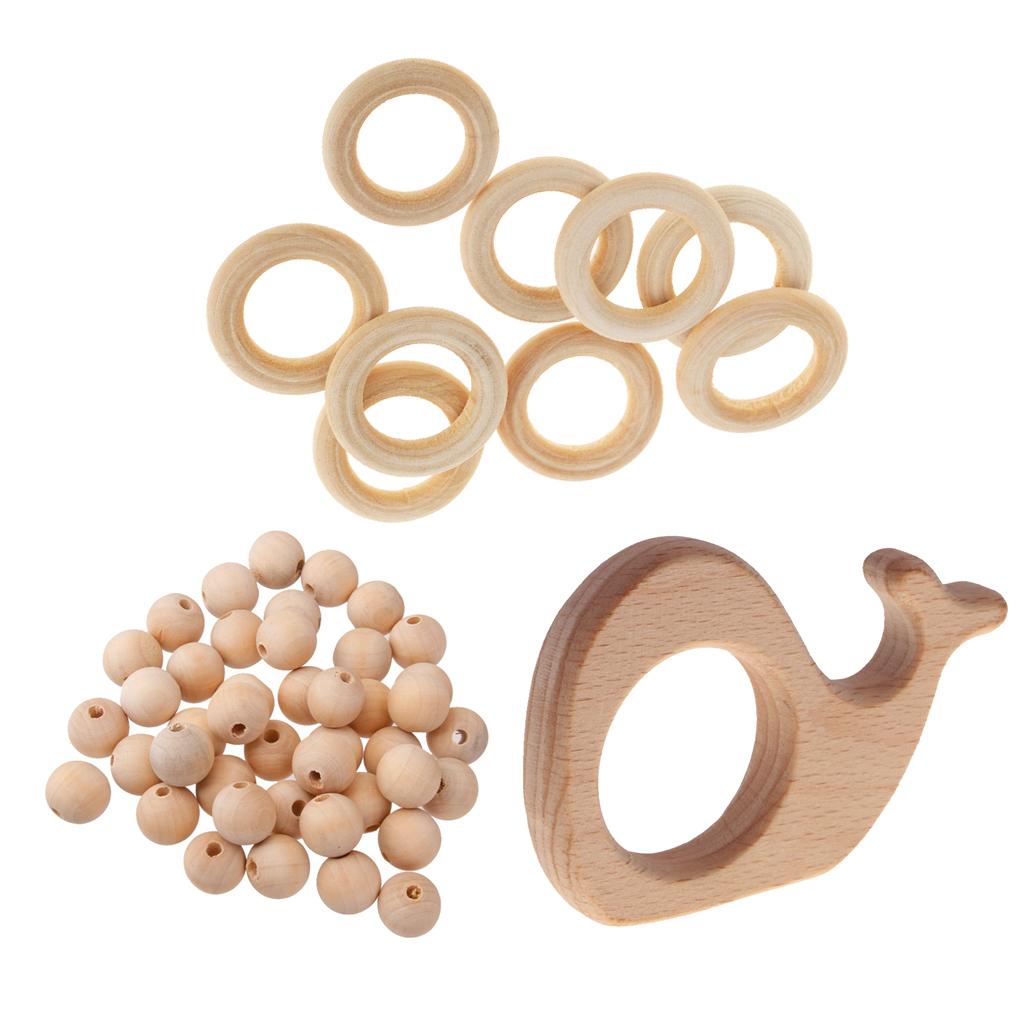 61pcs Unifinished Natural Wooden Whale Baby Teether Round Teething Ring Bead