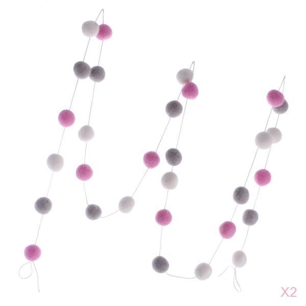2 Pieces Wool Felt Ball Pom Pom Garland Room Hanging Decor Pink Grey White