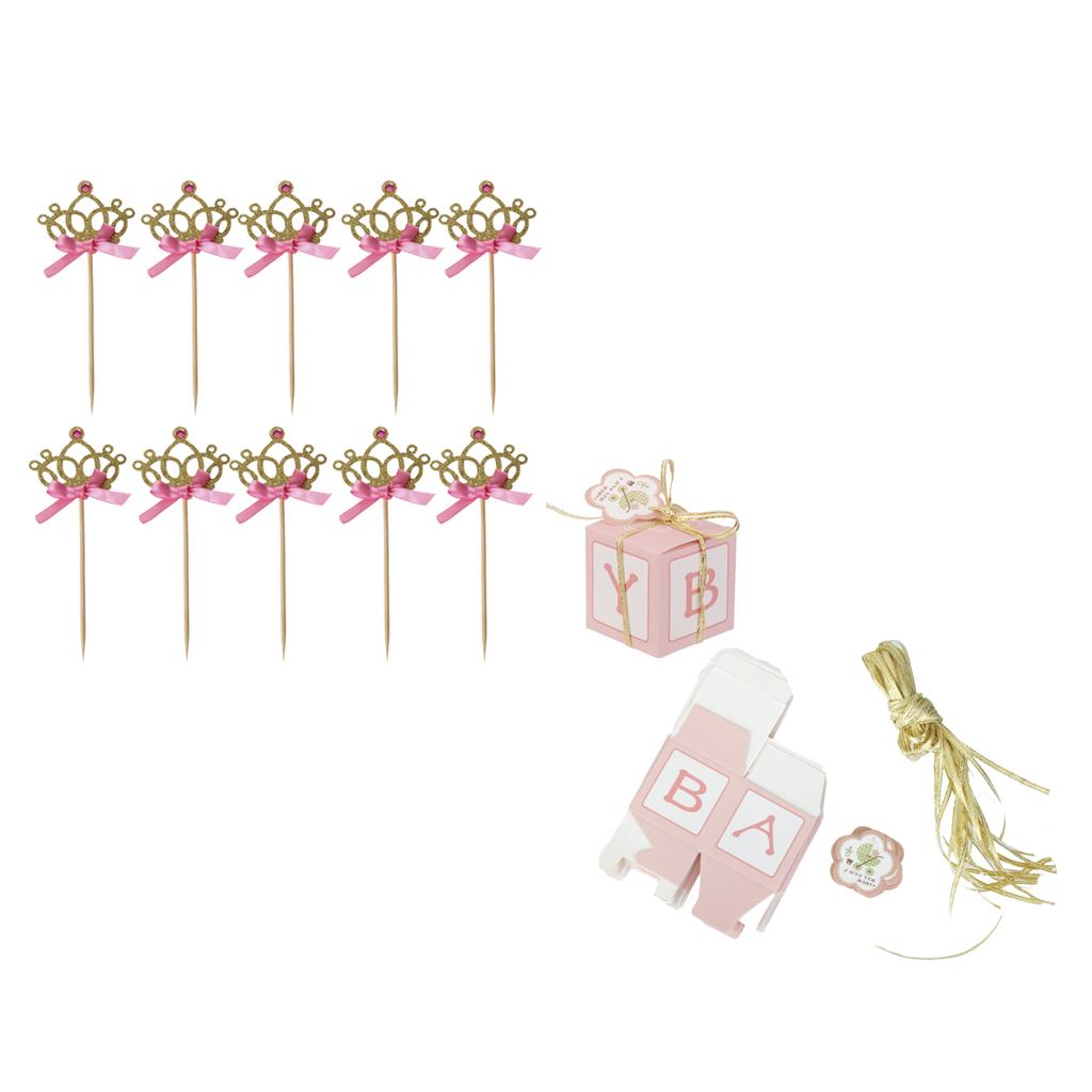 12xPink Paper Candy Gift Boxes Baby Shower Favors+20xCrown Cake Topper Picks