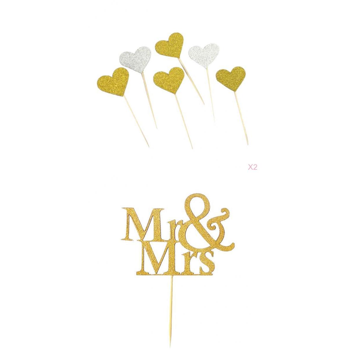 40x Glitter Heart Shape Cake Toppers & 20x Mr Mrs Cake Picks Bridal Shower