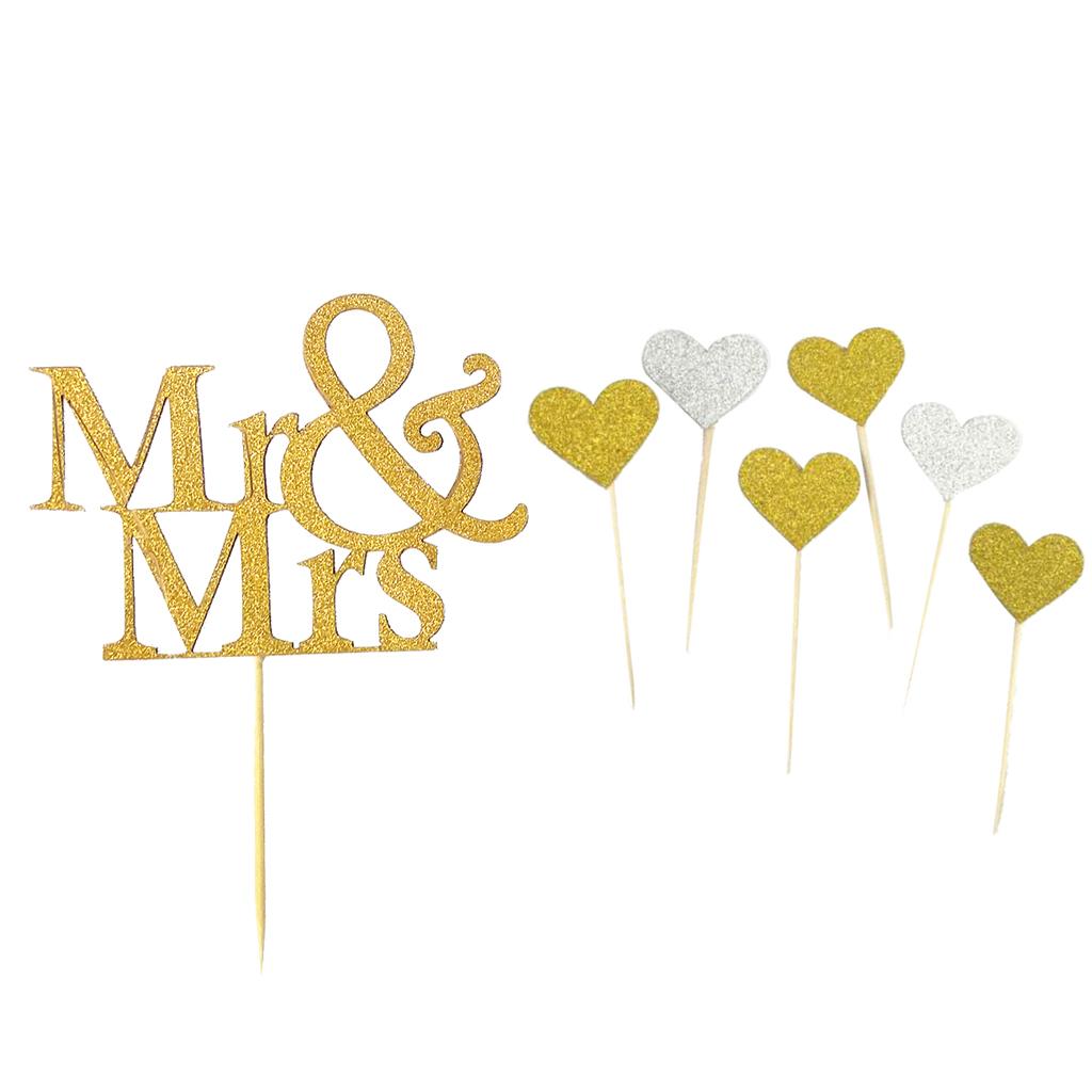 40x Glitter Heart Shape Cake Toppers & 20x Mr Mrs Cake Picks Bridal Shower