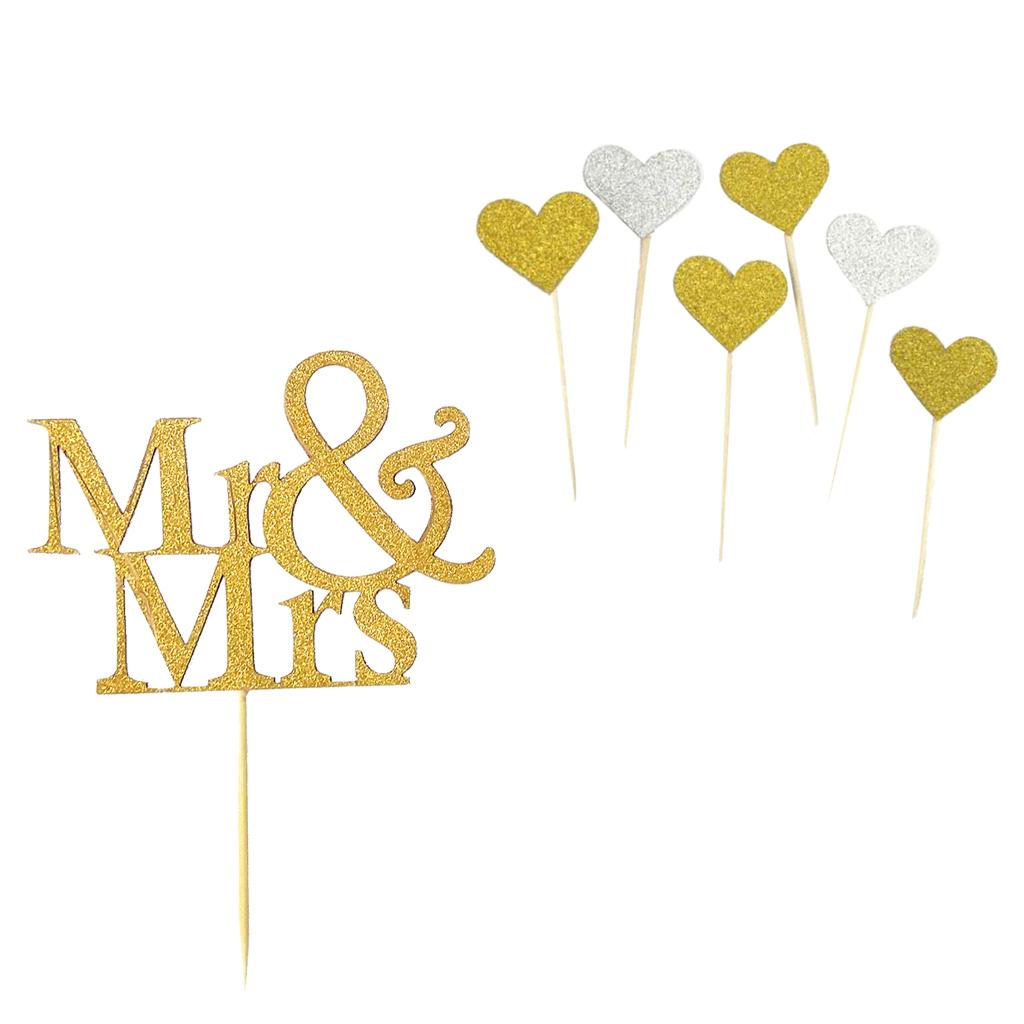40x Glitter Heart Shape Cake Toppers & 20x Mr Mrs Cake Picks Bridal Shower