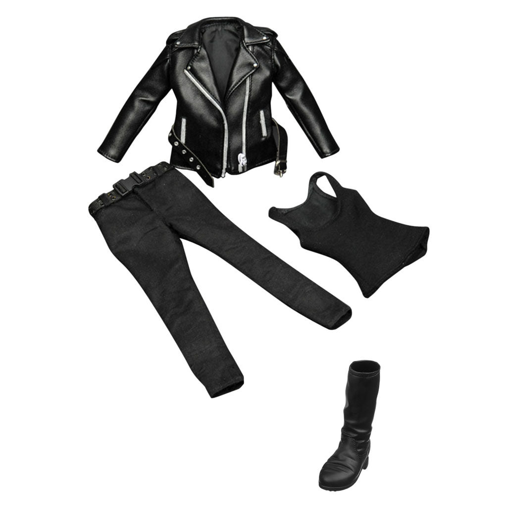 1/6 Female Clothing Black PU Leather Jacket Pants Vest Boots for 12'' Figure
