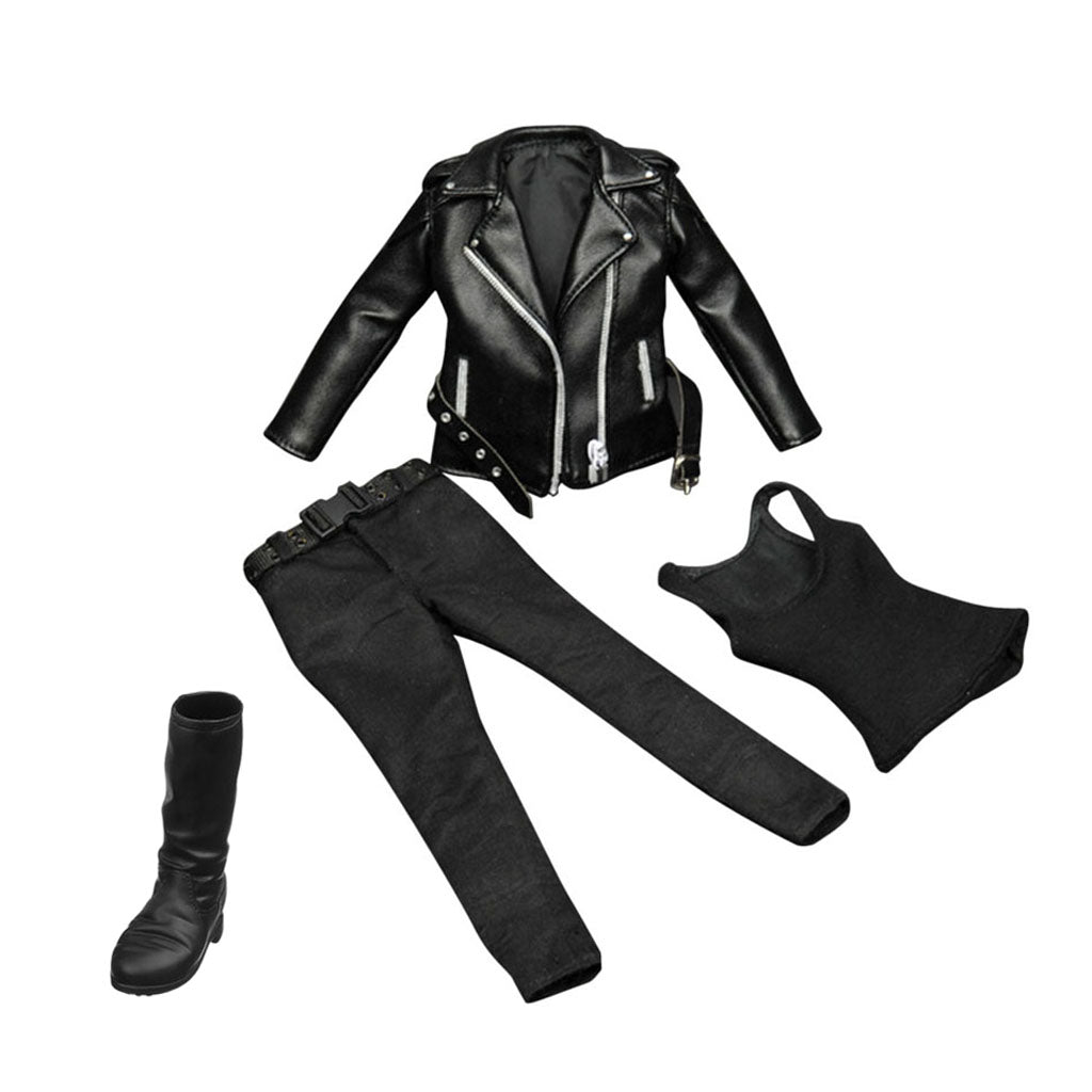 1/6 Female Clothing Black PU Leather Jacket Pants Vest Boots for 12'' Figure