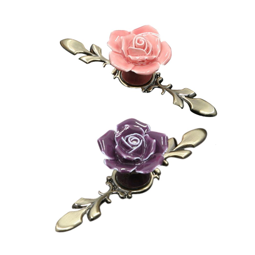 2Pieces Wardrobe Cupboard Dresser Drawer Ceramic Rose Pull Handle Grip Knobs