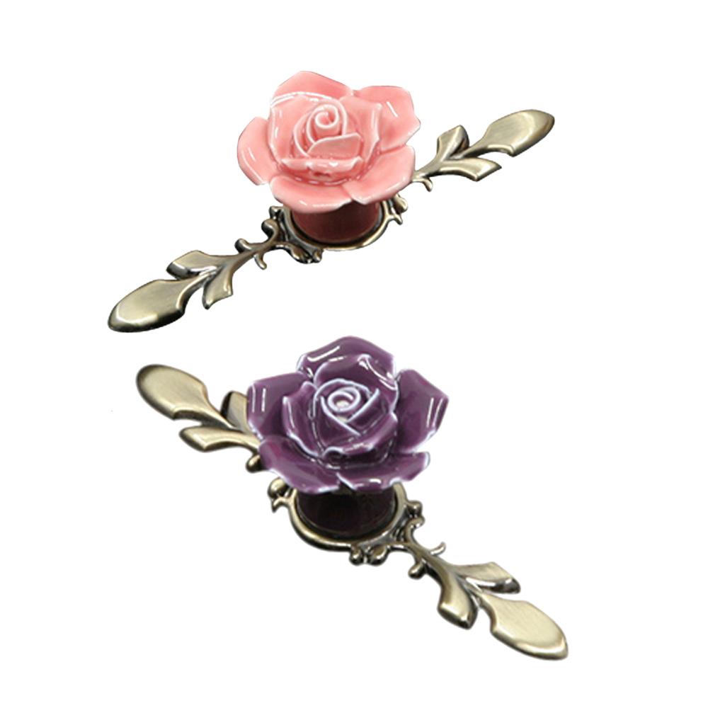 2Pieces Wardrobe Cupboard Dresser Drawer Ceramic Rose Pull Handle Grip Knobs