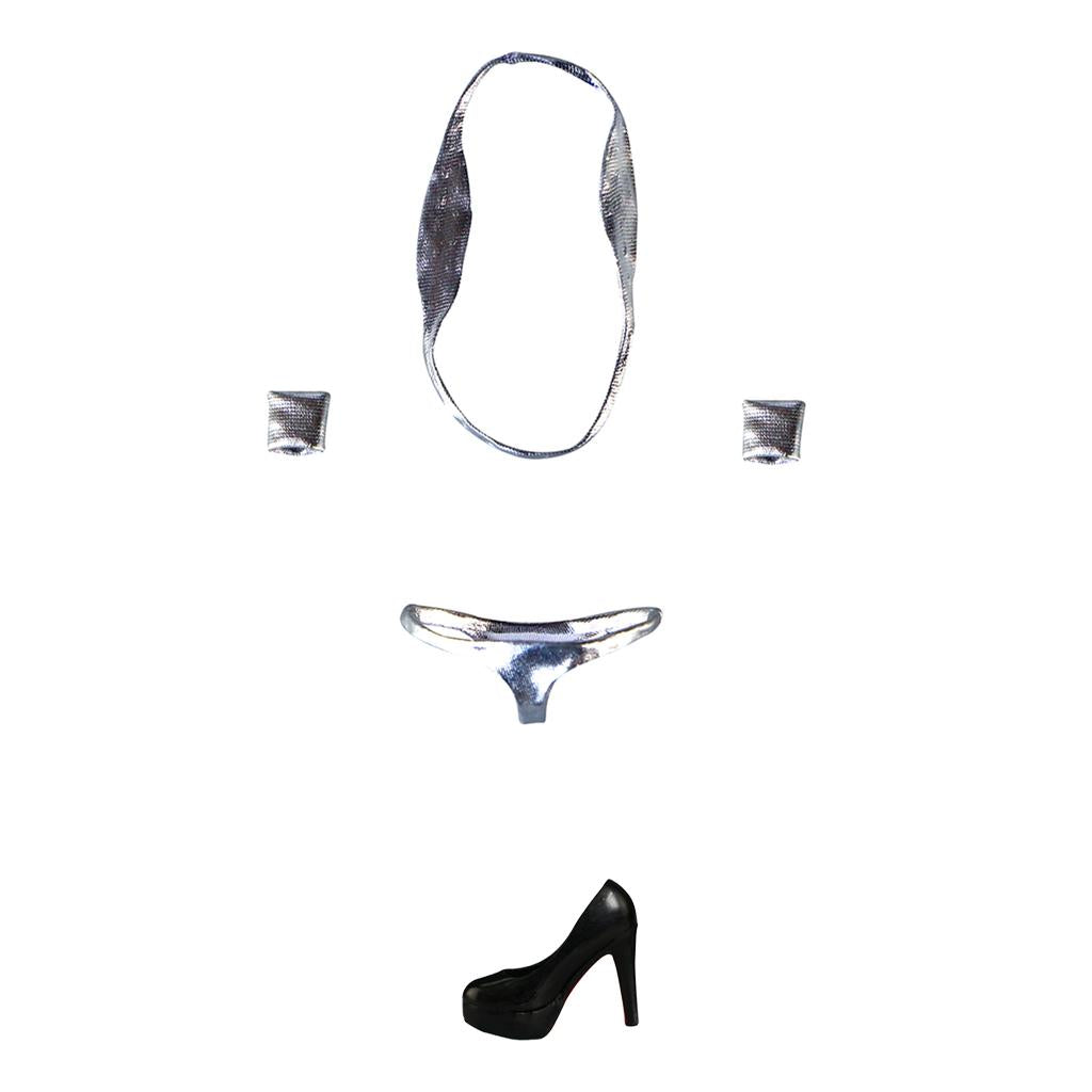 1/6 Silver Bikini Bra Briefs Set & Shoes for 12'' Medium Bust Female Figure