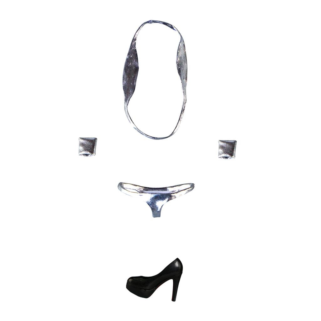 1/6 Silver Bikini Bra Briefs Set & Shoes for 12'' Medium Bust Female Figure