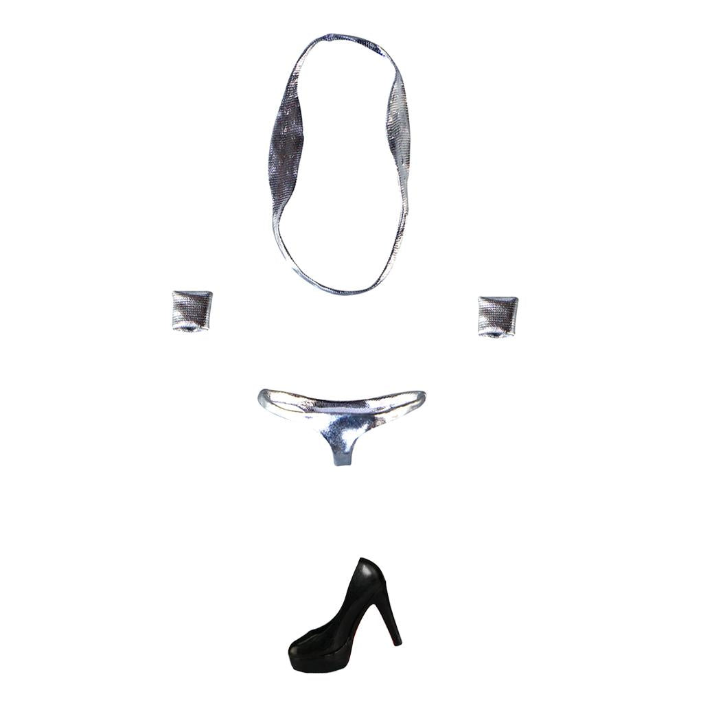 1/6 Silver Bikini Bra Briefs Set & Shoes for 12'' Medium Bust Female Figure
