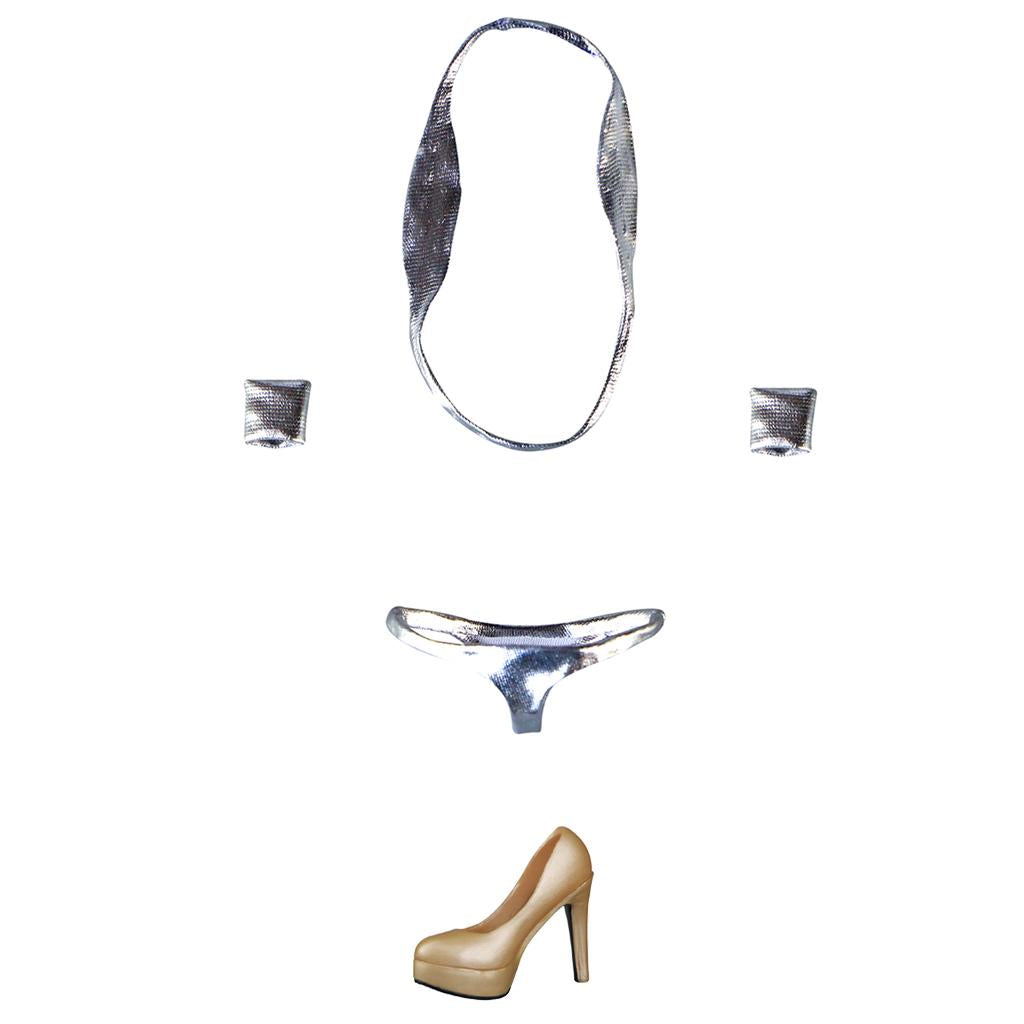 1/6 Silver Bikini Bra Briefs Set & Shoes for 12'' Large Bust Female Figure