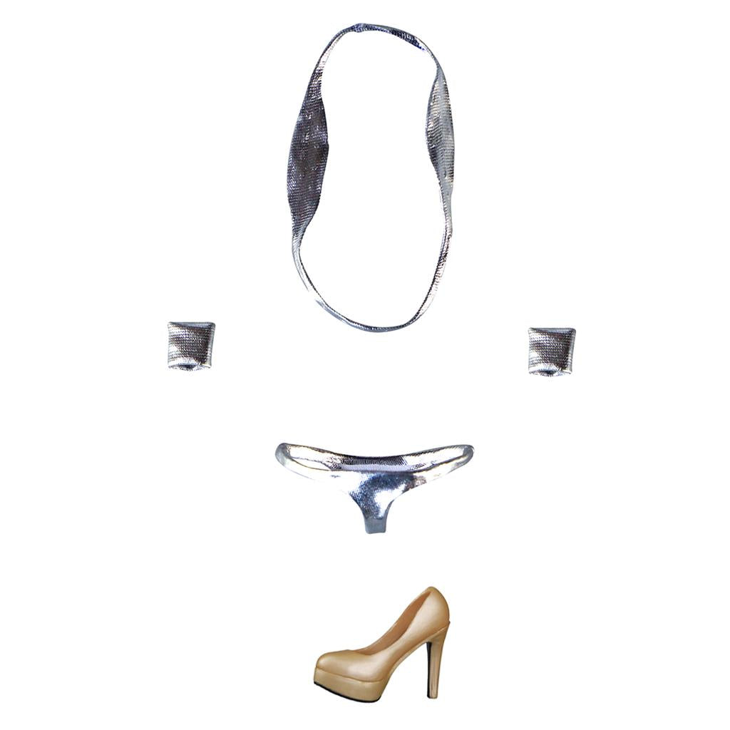 1/6 Silver Bikini Bra Briefs Set & Shoes for 12'' Large Bust Female Figure