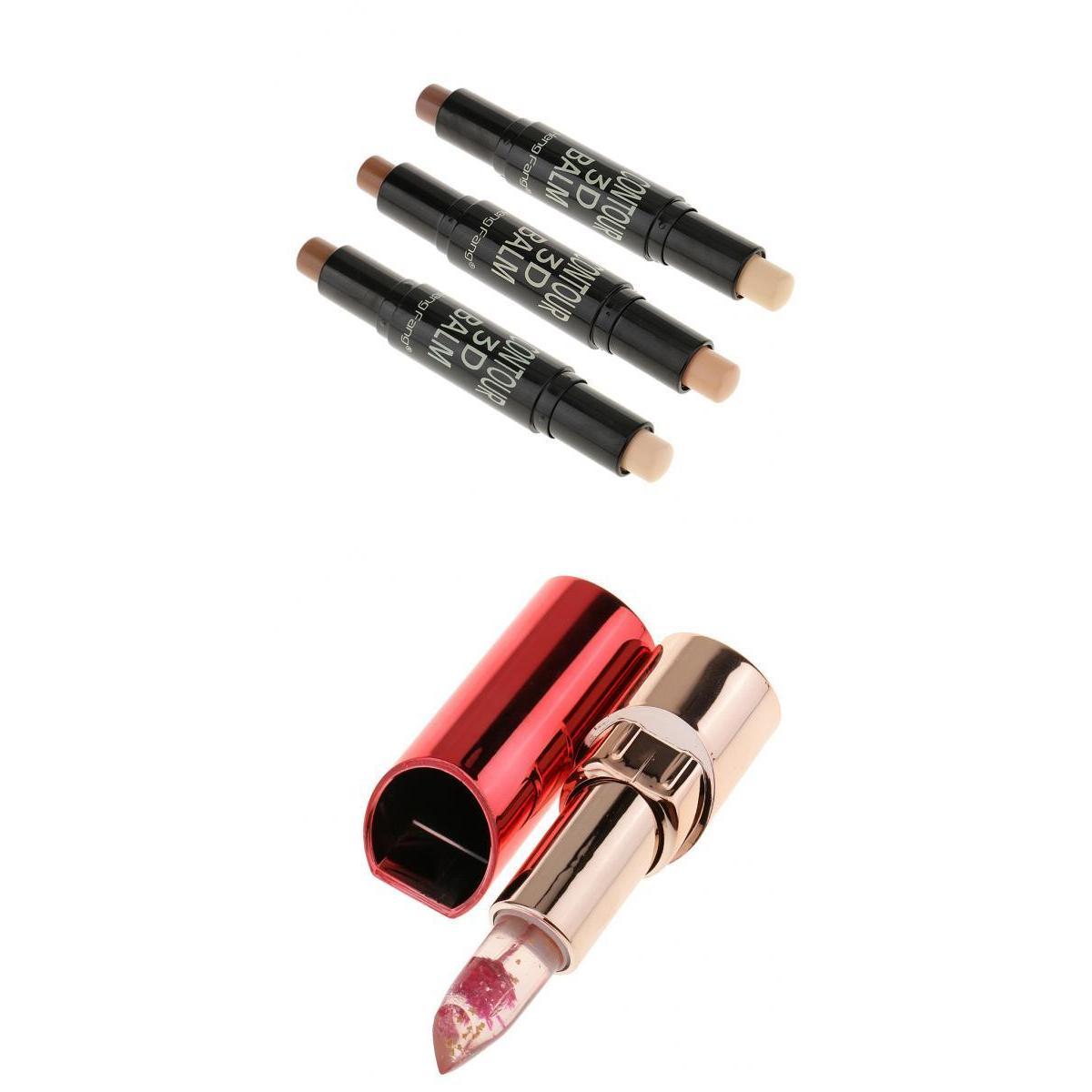 3 Pieces Highlight Contour Stick + Flower Color Temperature Change Lipstick