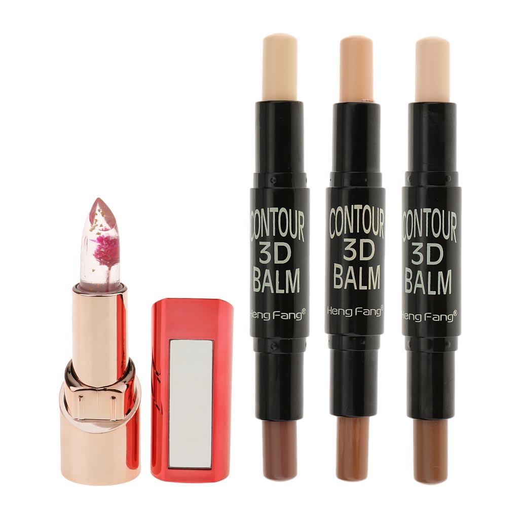 3 Pieces Highlight Contour Stick + Flower Color Temperature Change Lipstick