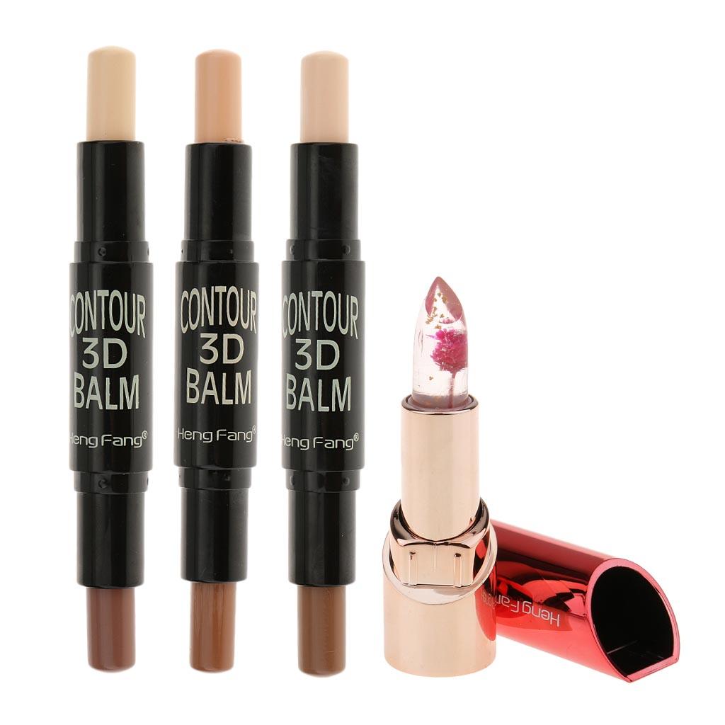 3 Pieces Highlight Contour Stick + Flower Color Temperature Change Lipstick
