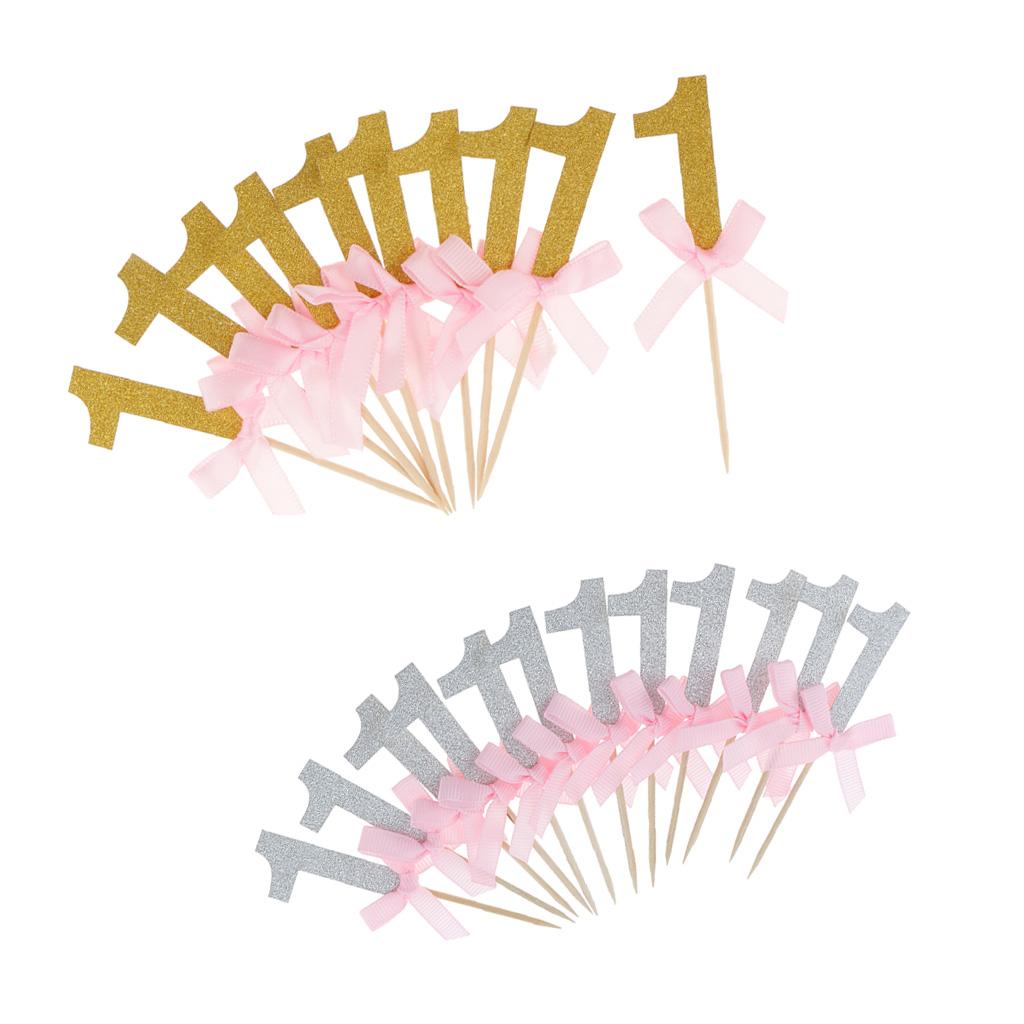 24 Glitter Gold Silver Number One Cake Cupcake Topper Pick Kid 1st Birthday