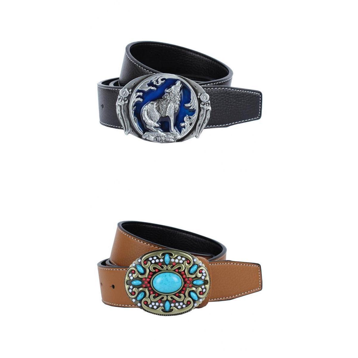 2 Pieces Werstern Fiber Leather Belts Cowboy Cowgirl Boho Turquoise Buckles