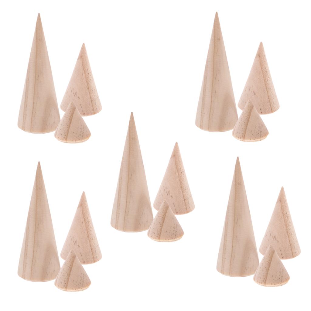 15 Pieces Unpainted Plain Cone Wooden Ring Jewelry Display Organizer 3 Size