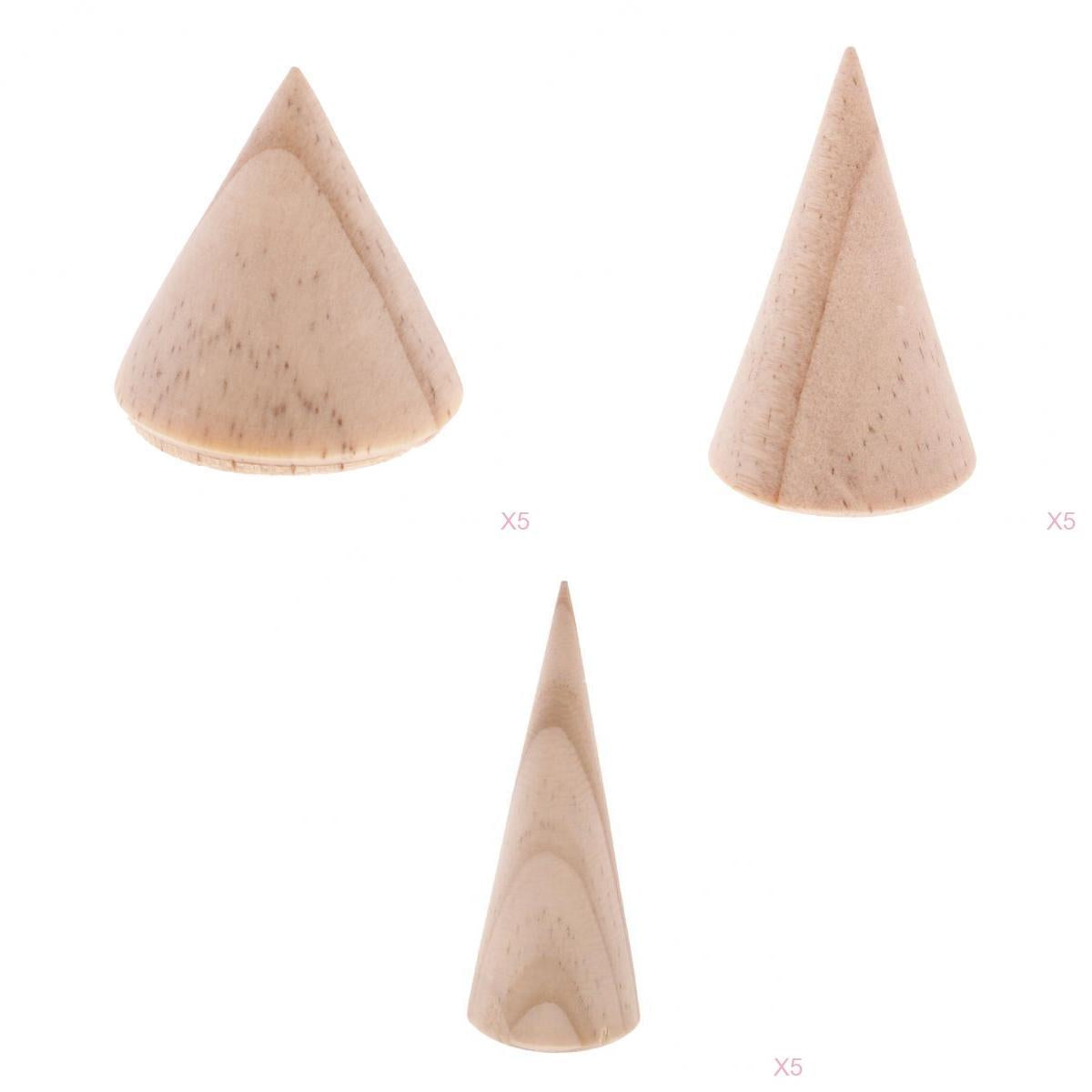 15 Pieces Unpainted Plain Cone Wooden Ring Jewelry Display Organizer 3 Size