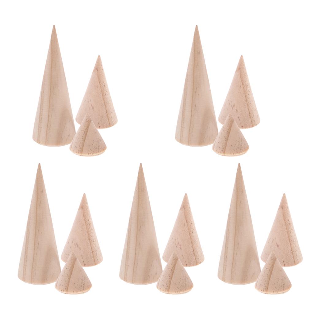 15 Pieces Unpainted Plain Cone Wooden Ring Jewelry Display Organizer 3 Size