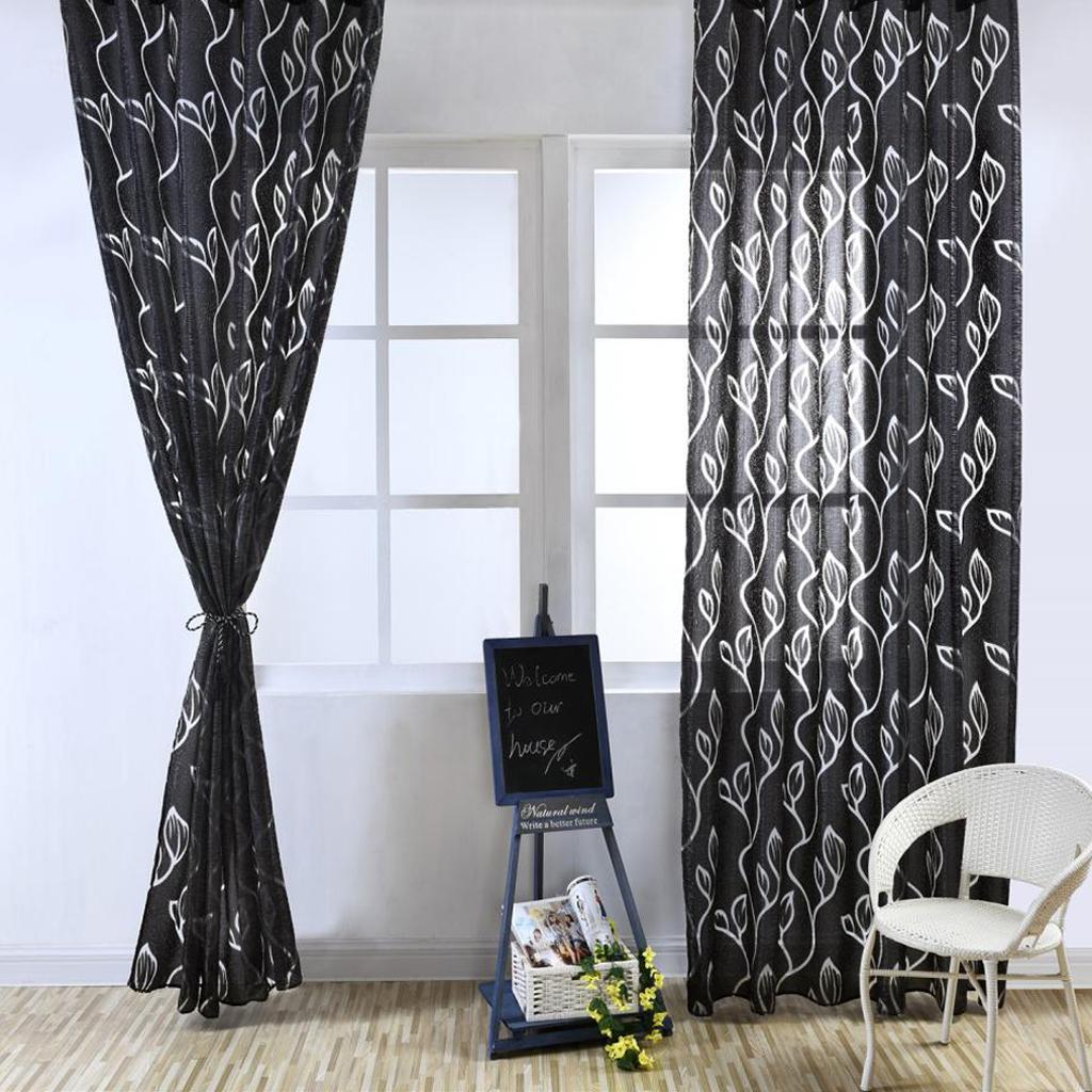 2Pcs Window Tulle Voile Bubble Leaf Curtain Panel 100x270cm Black