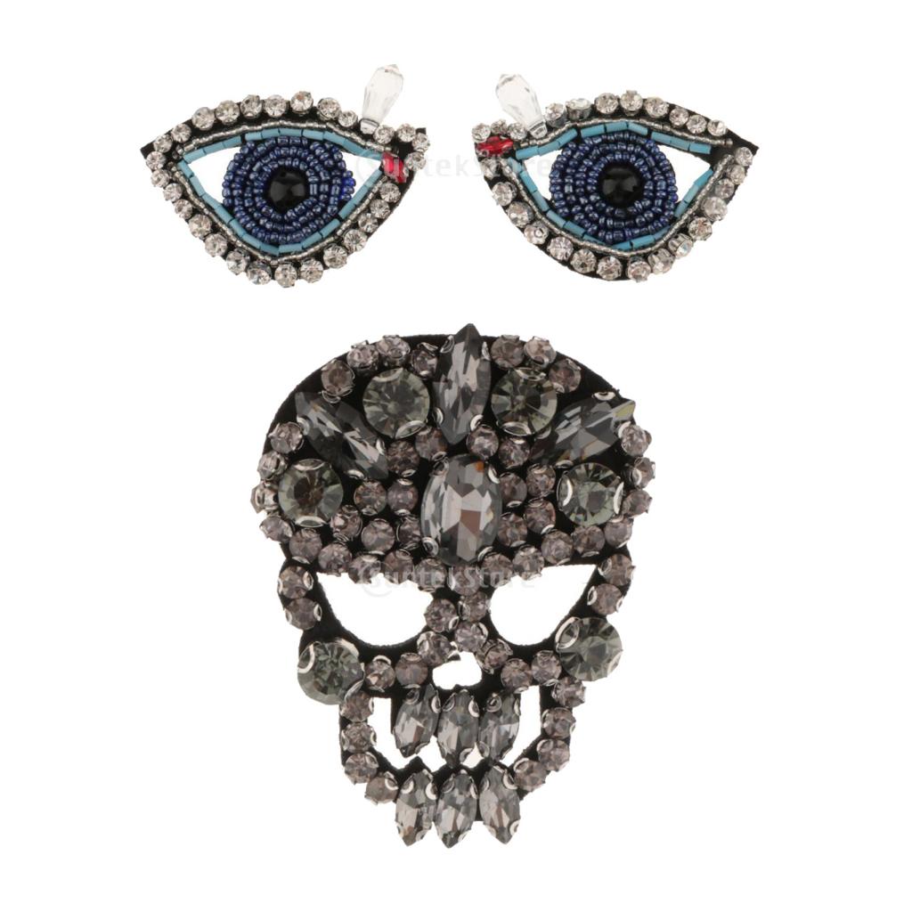 3 Pieces Beaded Eyes and Rhinestone Skull Applique Sew on Patches