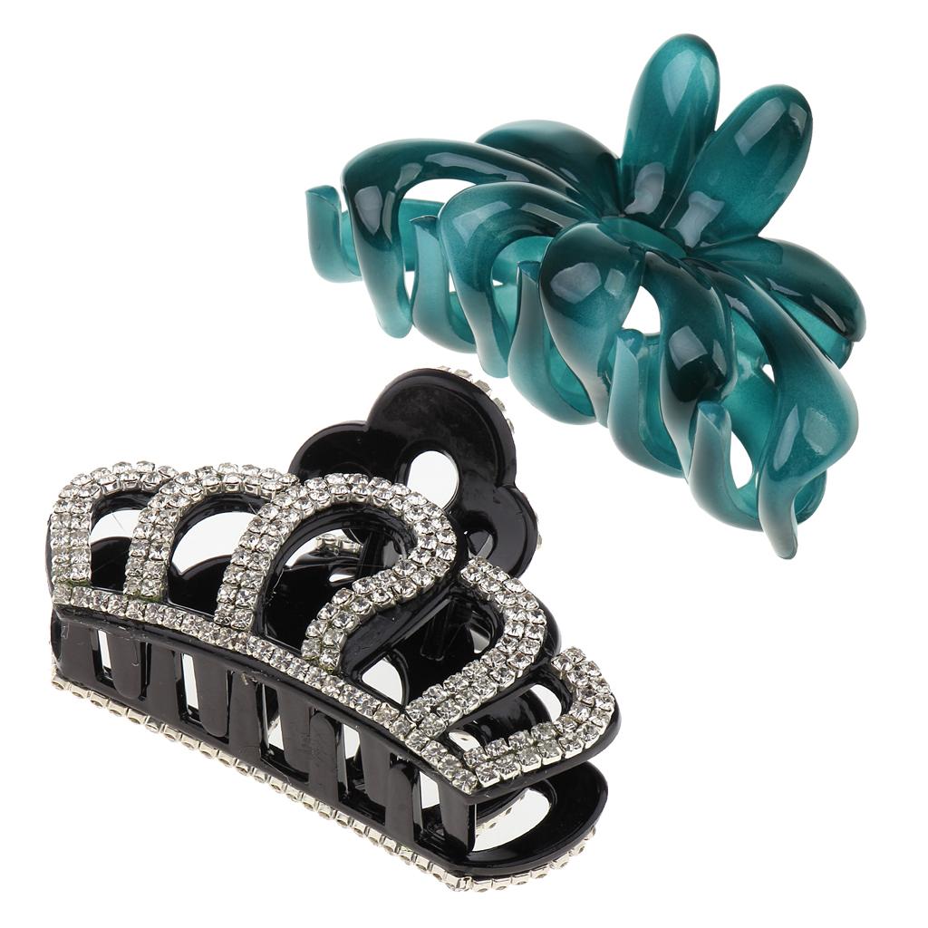 2Pcs Large Acrylic Hair Flower Crystal Claw Clasp Clips Holder- Green Black
