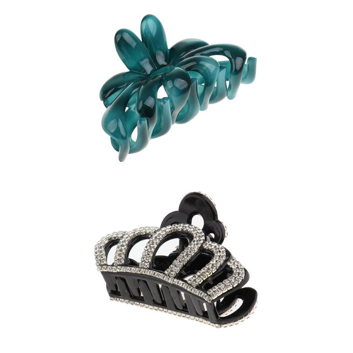 2Pcs Large Acrylic Hair Flower Crystal Claw Clasp Clips Holder- Green Black