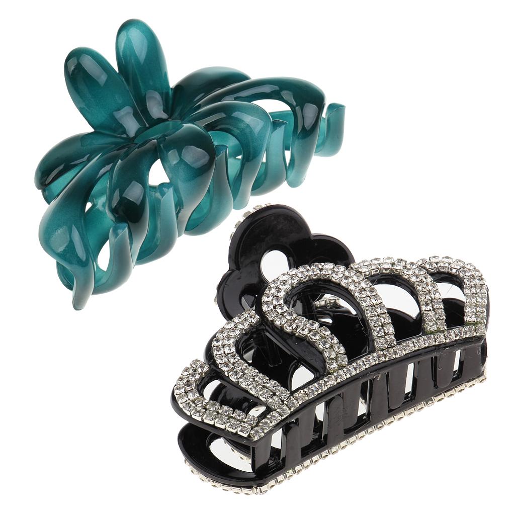 2Pcs Large Acrylic Hair Flower Crystal Claw Clasp Clips Holder- Green Black