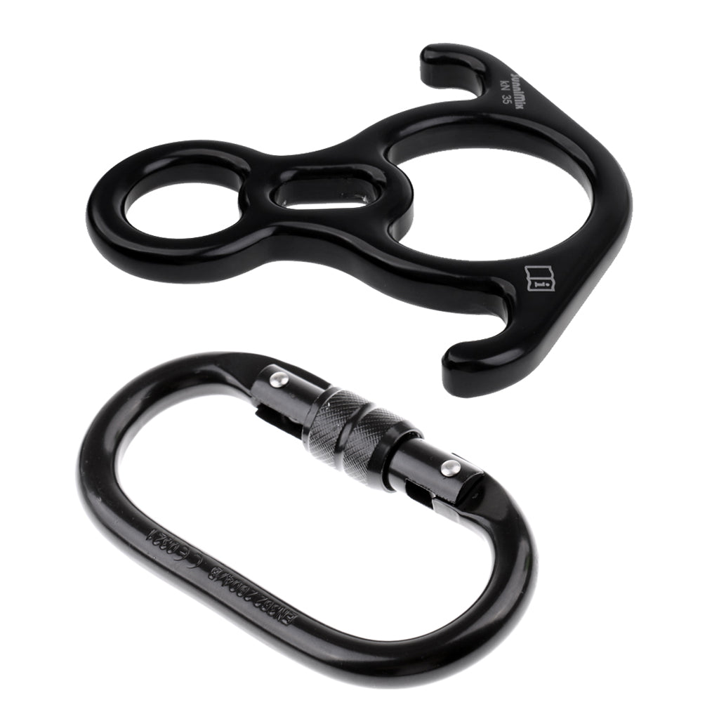 25KN Oval Steel Screw Lock Carabiner + Figure 8 Descender for Rock Climbing