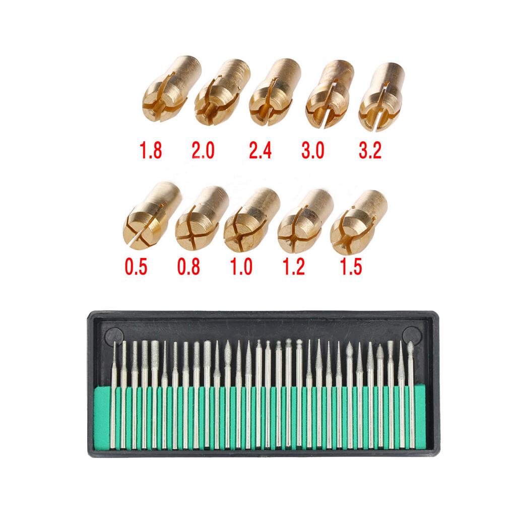30Pcs Electric Grinding Head 3mm Shank + 10Pcs 0.5-3.2mm Drill Chuck Collet