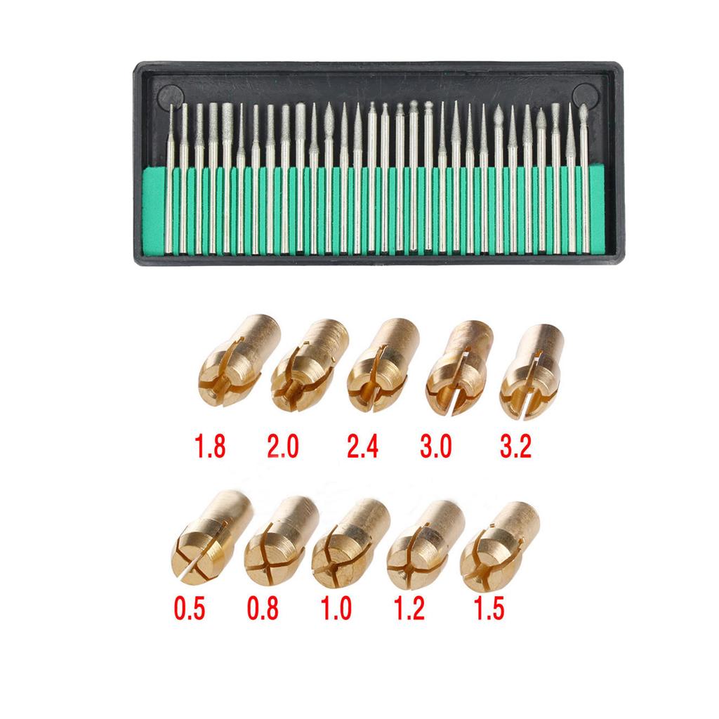 30Pcs Electric Grinding Head 3mm Shank + 10Pcs 0.5-3.2mm Drill Chuck Collet