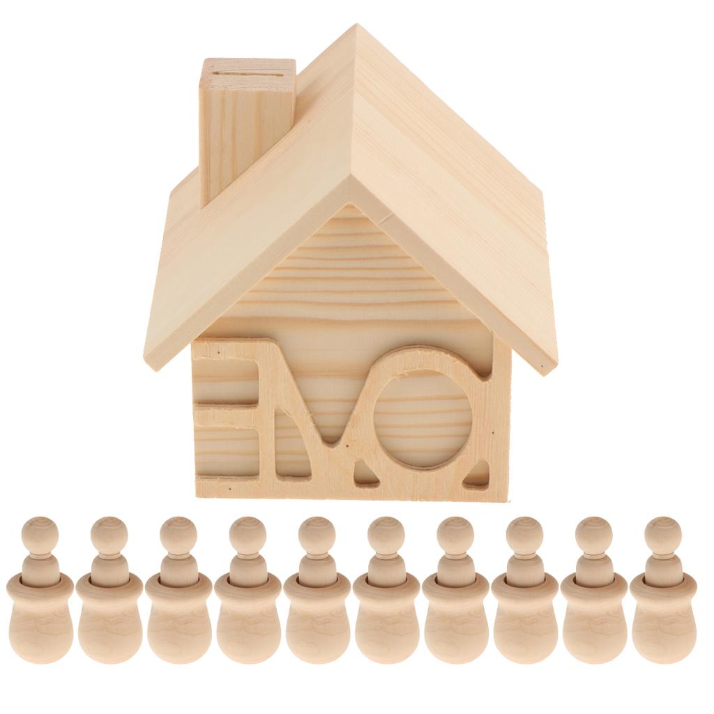 10 Pieces Unpainted Peg People Dolls + Wood House Money Bank Box DIY Toys