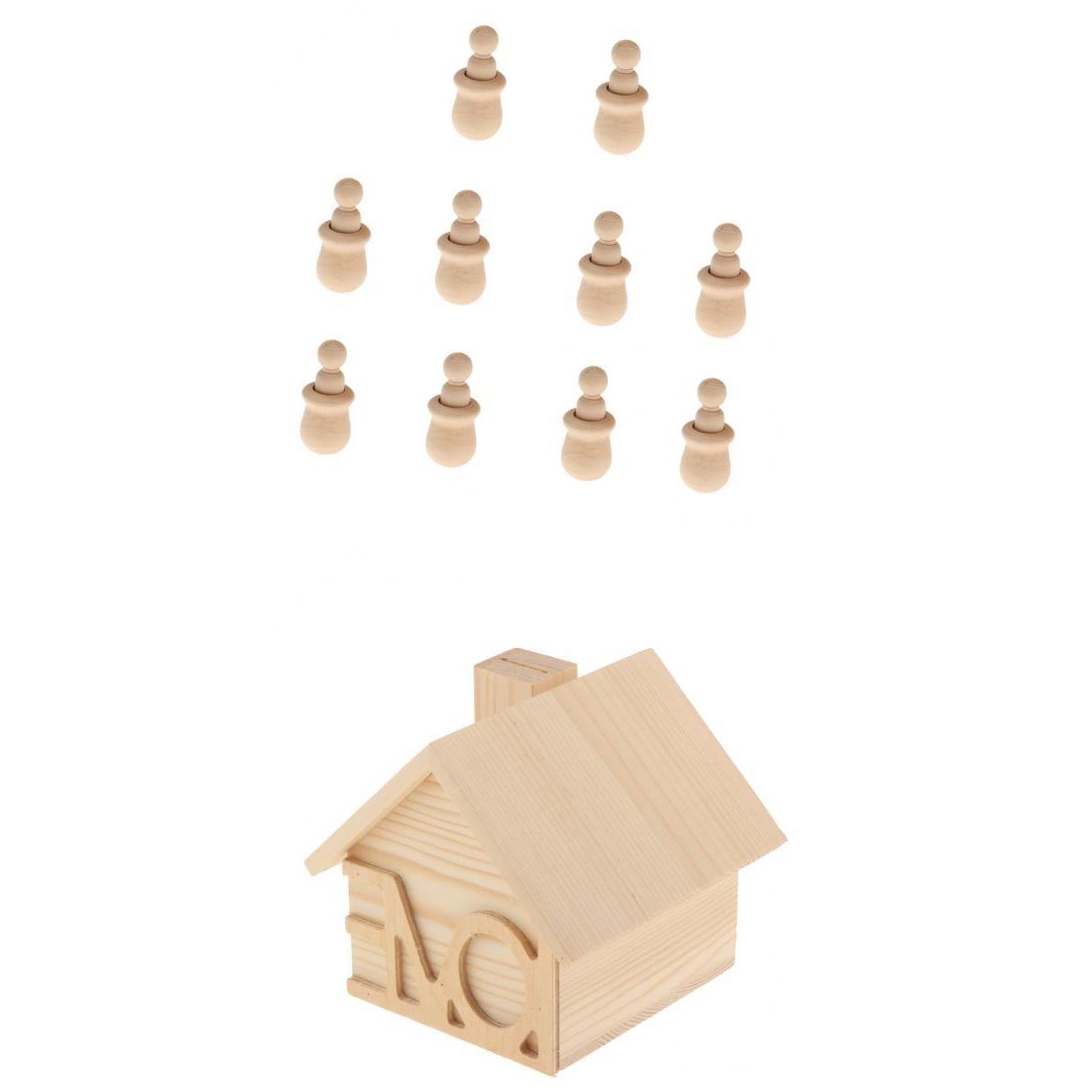 10 Pieces Unpainted Peg People Dolls + Wood House Money Bank Box DIY Toys